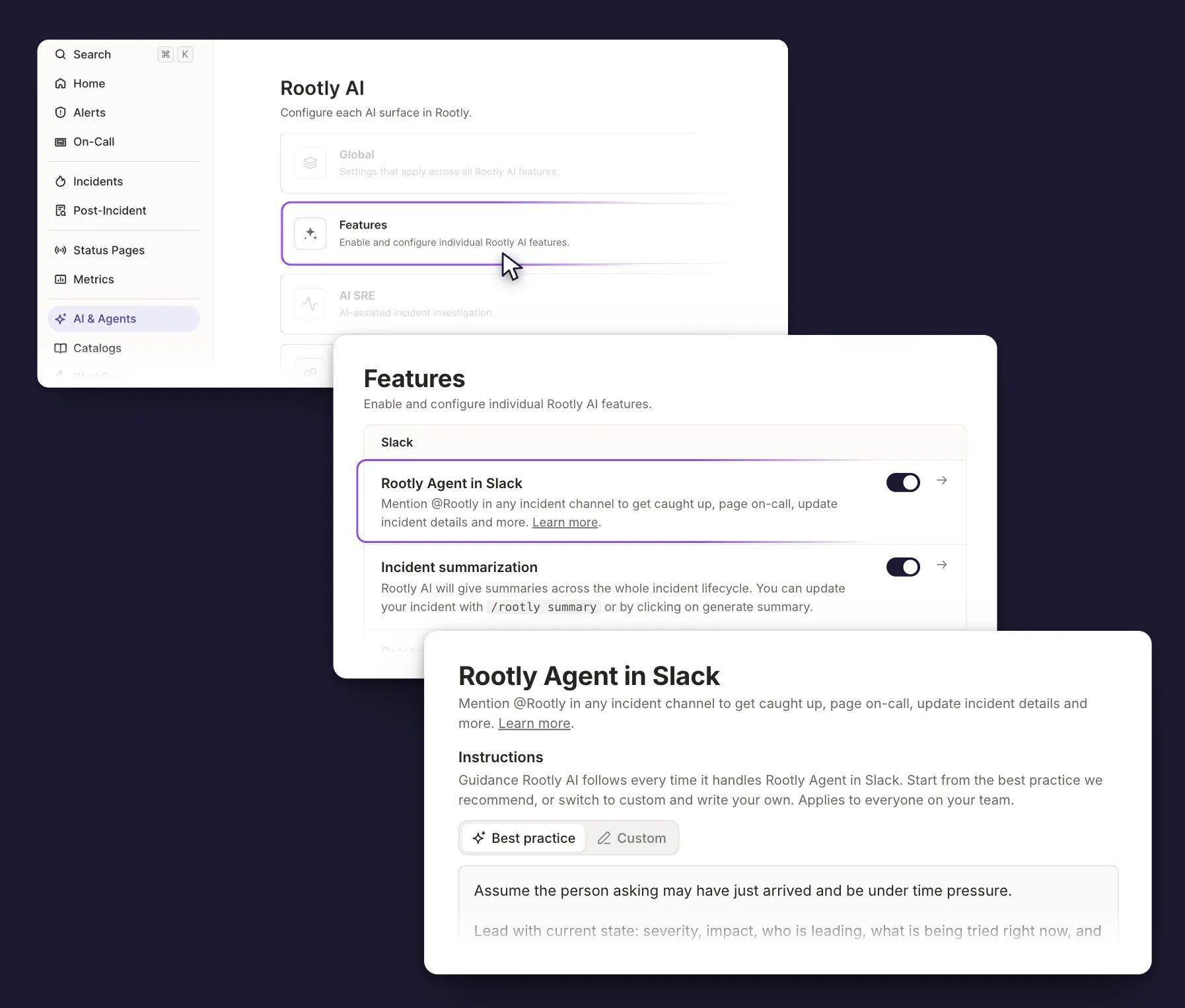 Navigating from AI and Agents to Features to the Rootly Agent in Slack page, where the Instructions box sits under the Best practice and Custom tabs