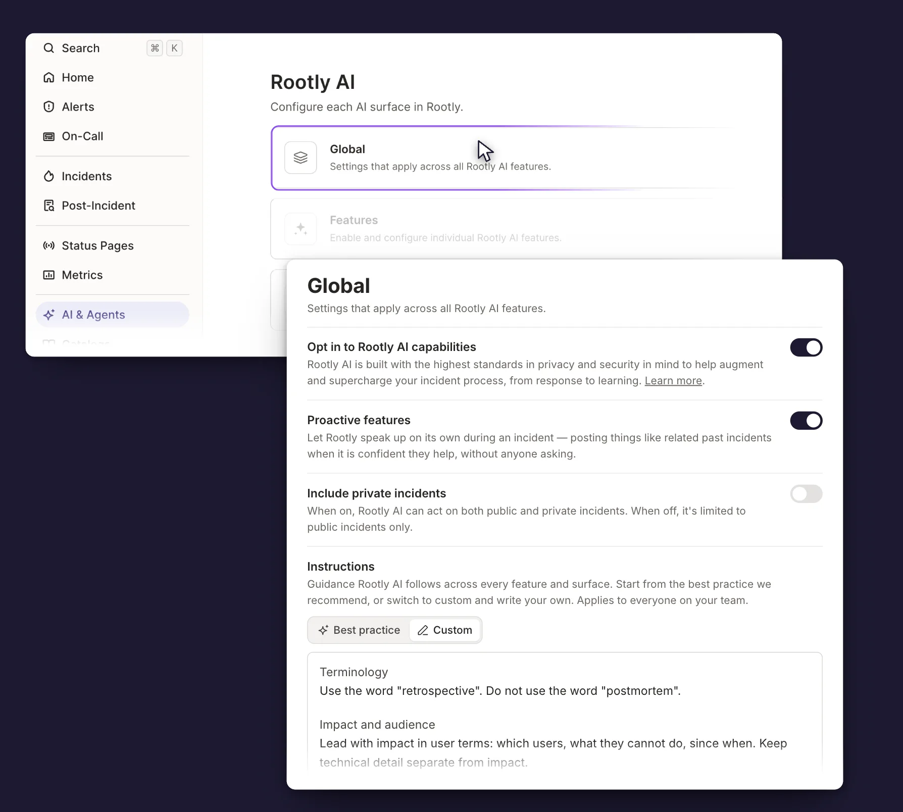 The Global page under AI and Agents, showing the Instructions box with the Best practice and Custom tabs above it