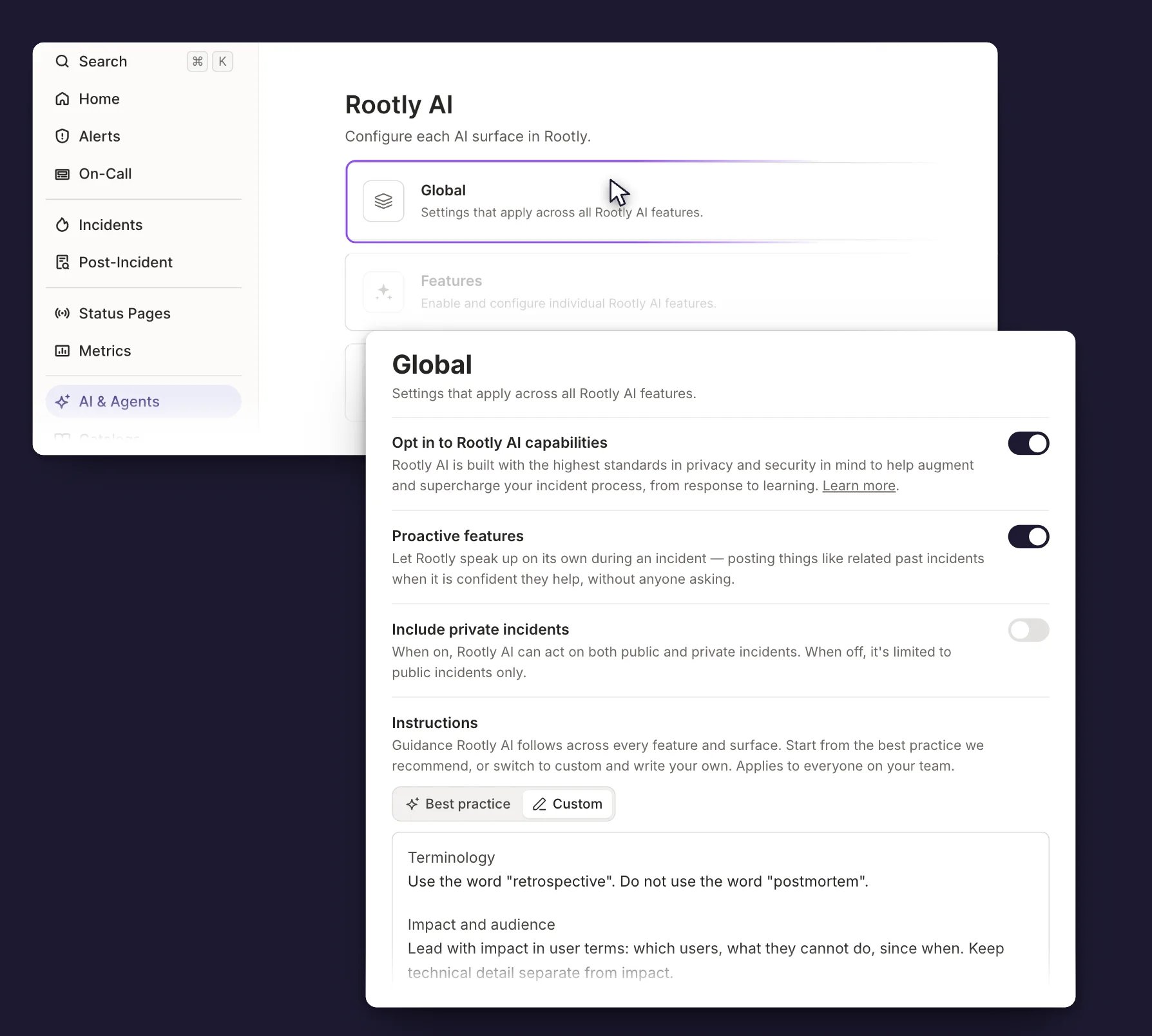 The Global page under AI and Agents, showing the Instructions box with the Best practice and Custom tabs above it