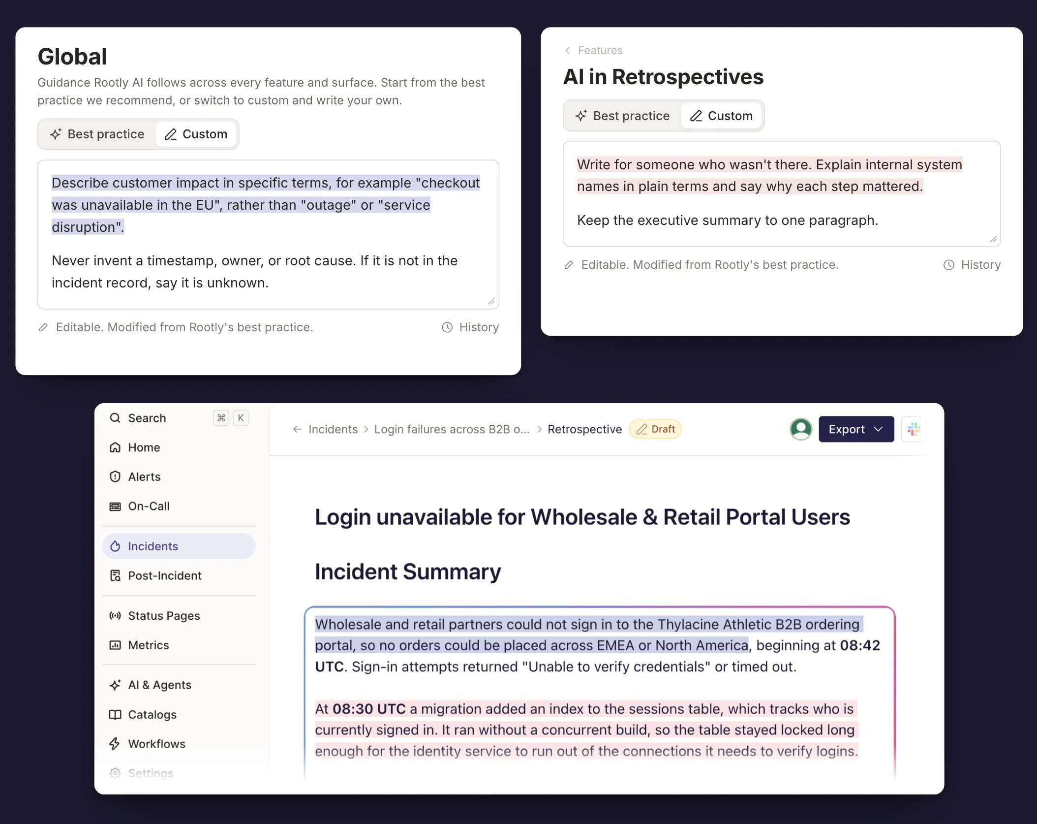 Global and AI in Retrospectives instructions alongside the retrospective summary they produce