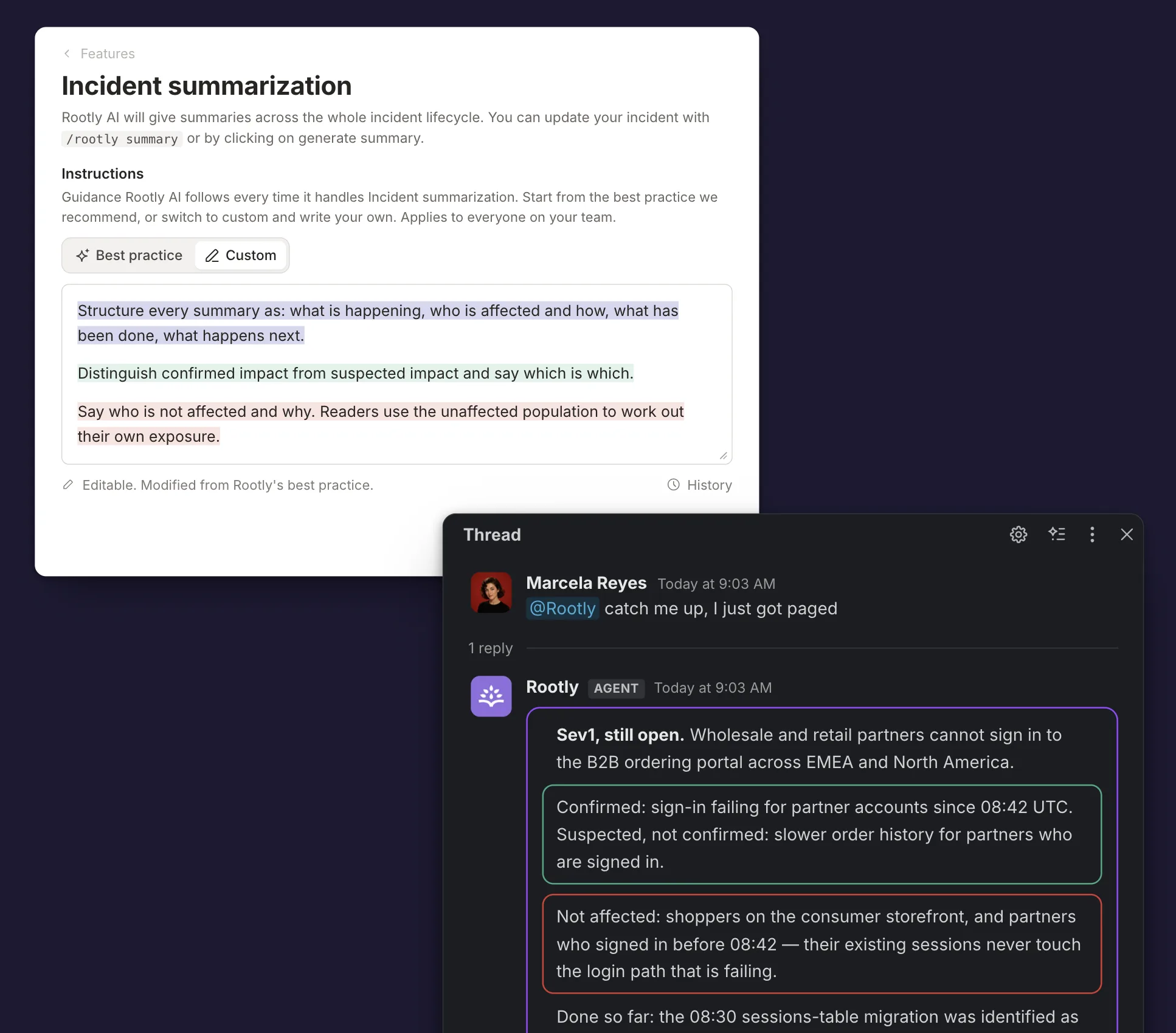 Incident summarization instructions in Rootly AI settings next to the Slack thread they produce