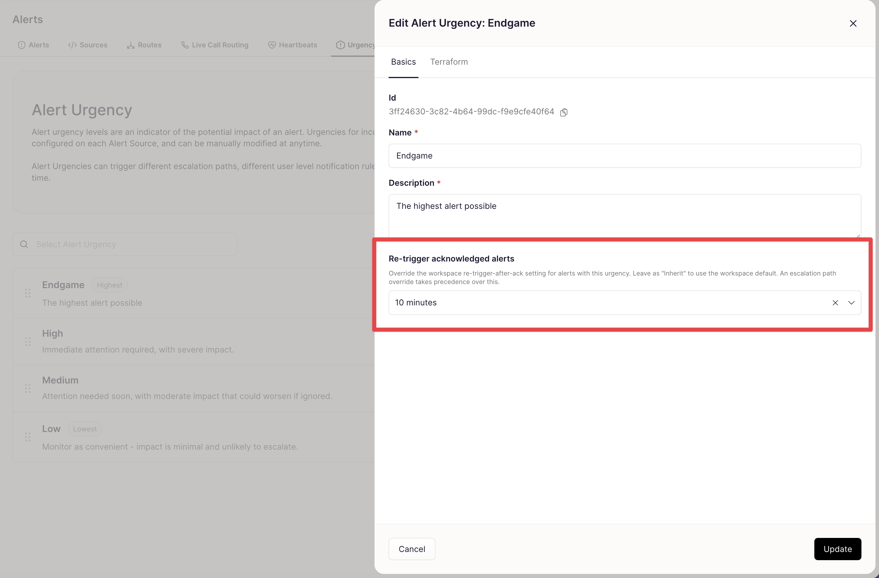 Re-trigger acknowledged alerts setting on an Alert Urgency