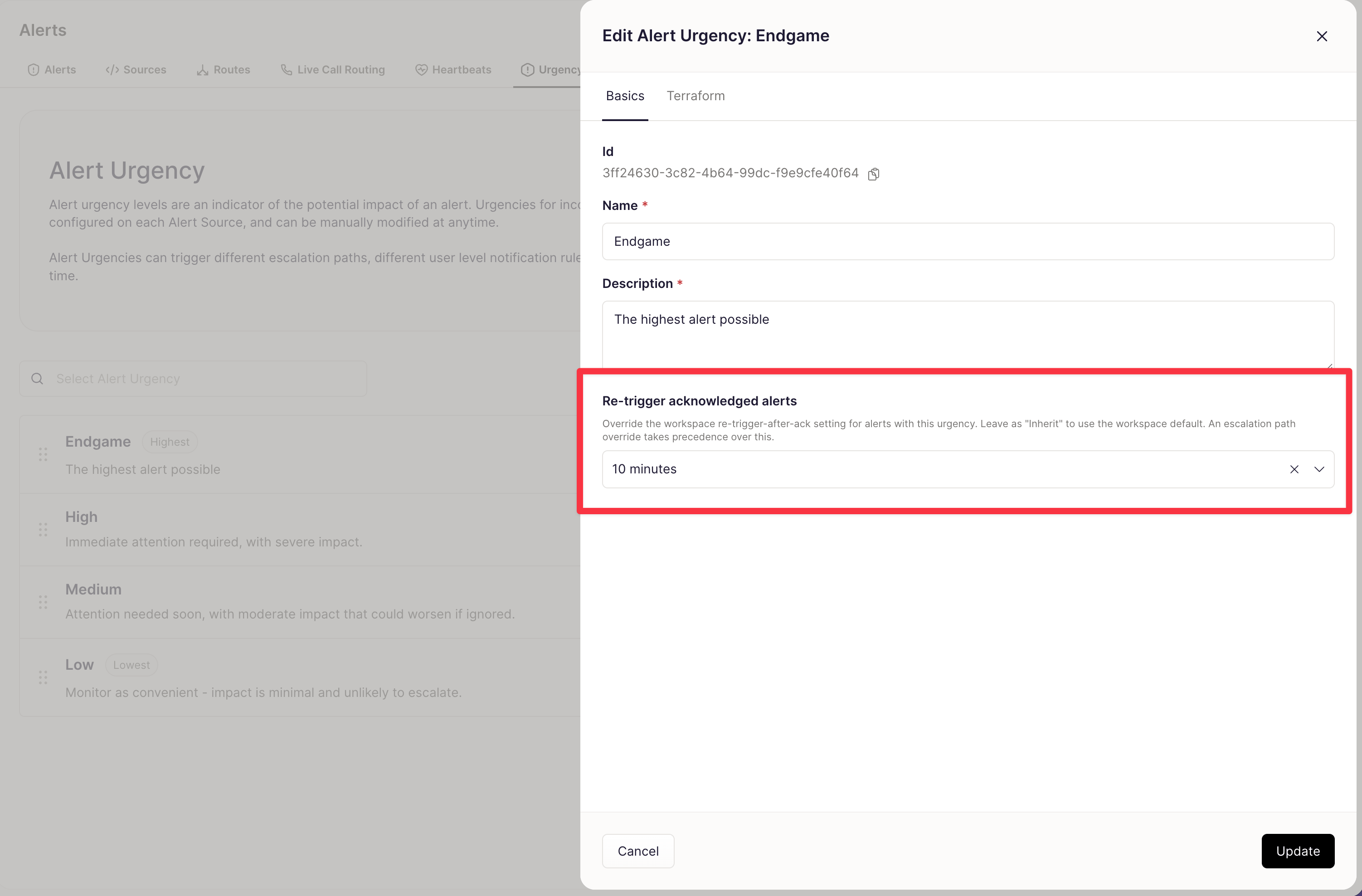 Re-trigger acknowledged alerts setting on an Alert Urgency
