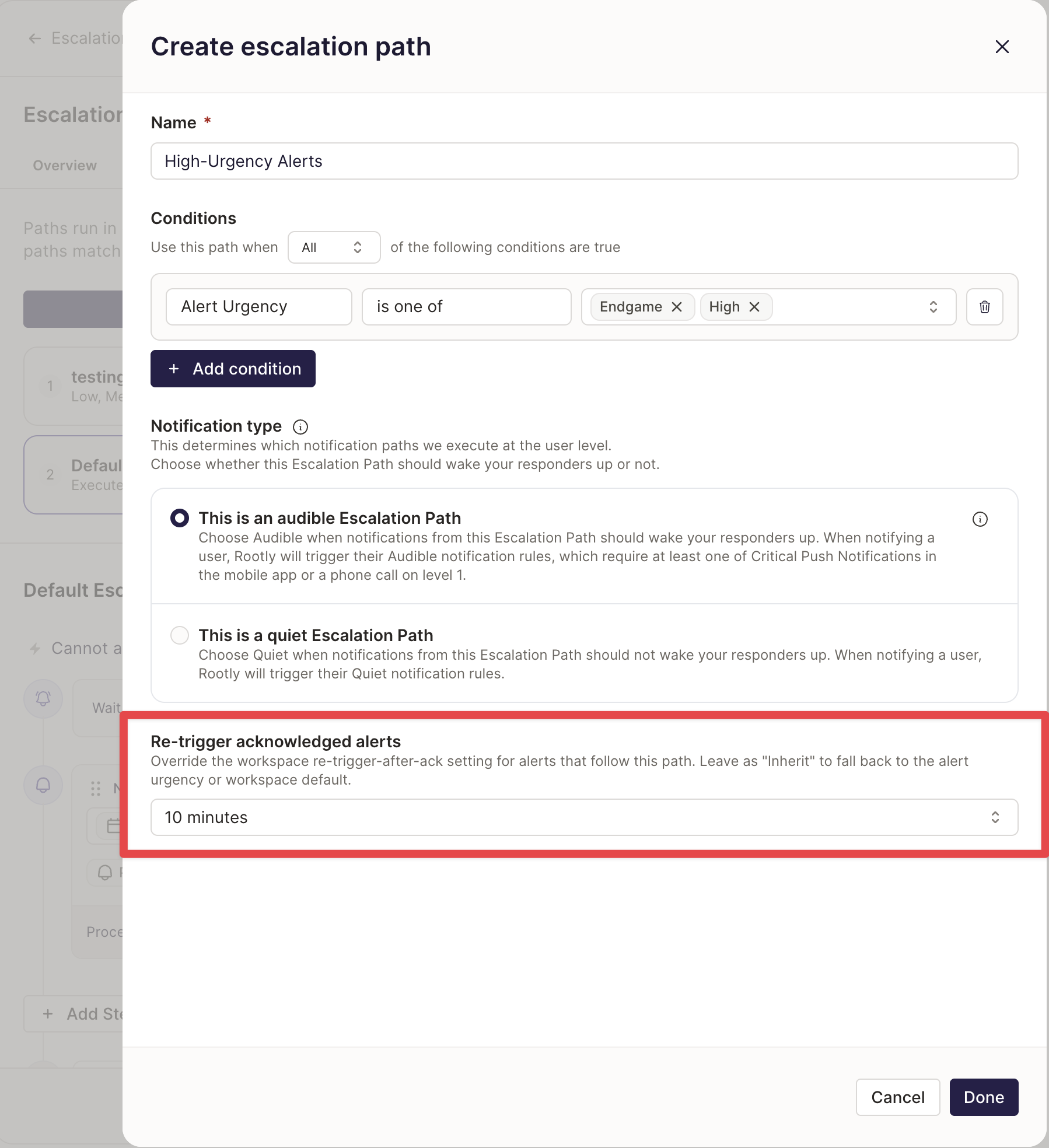 Re-trigger acknowledged alerts setting on an Escalation Path