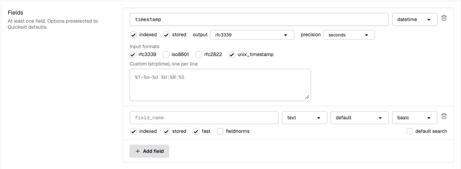 Create index field editor: a field with its type, tokenizer, and per-type options