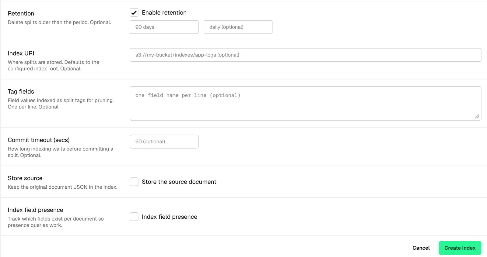 Create index form: retention, index URI, tag fields, commit timeout, store source, and field presence