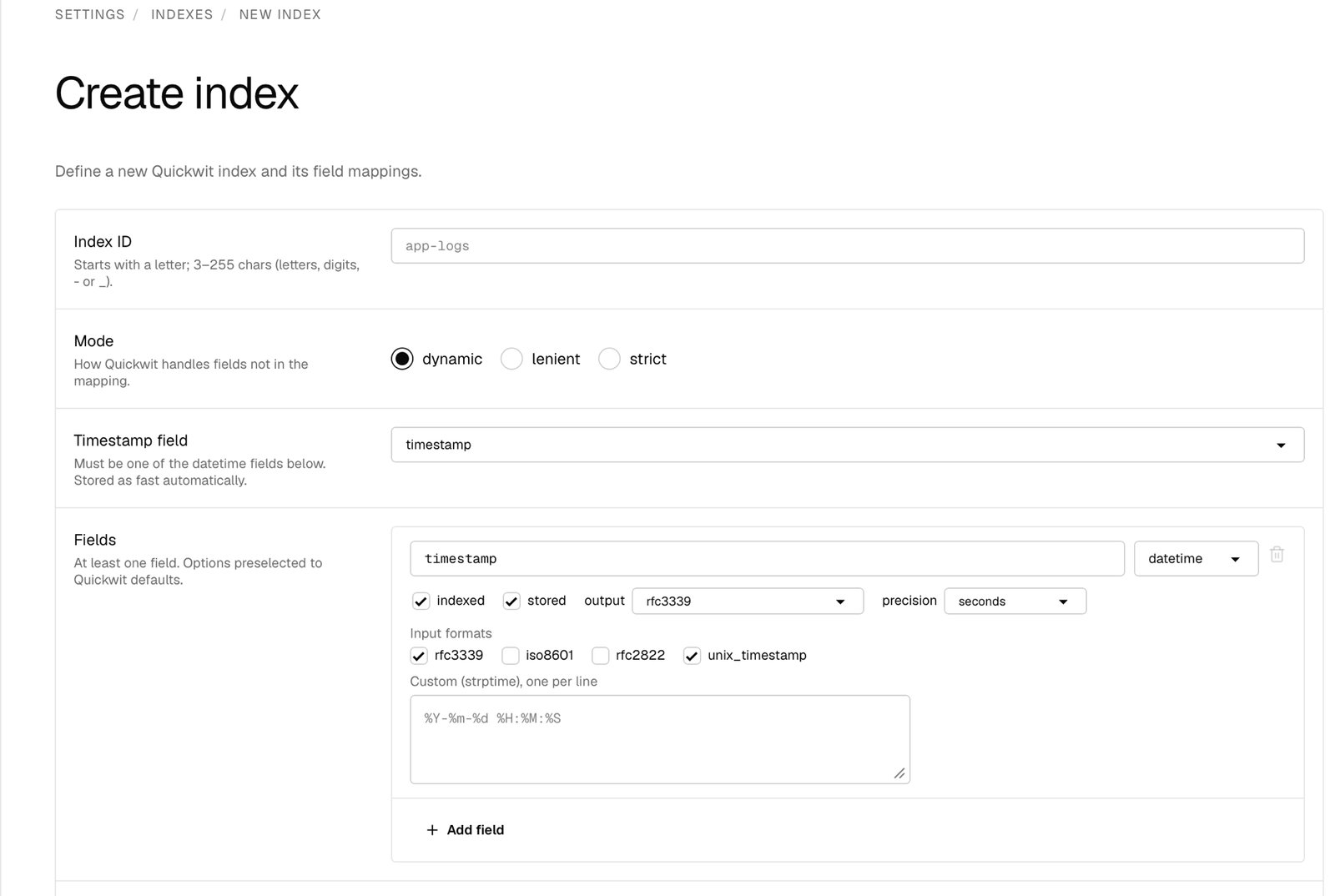 Create index form: Index ID, Mode, and Timestamp field