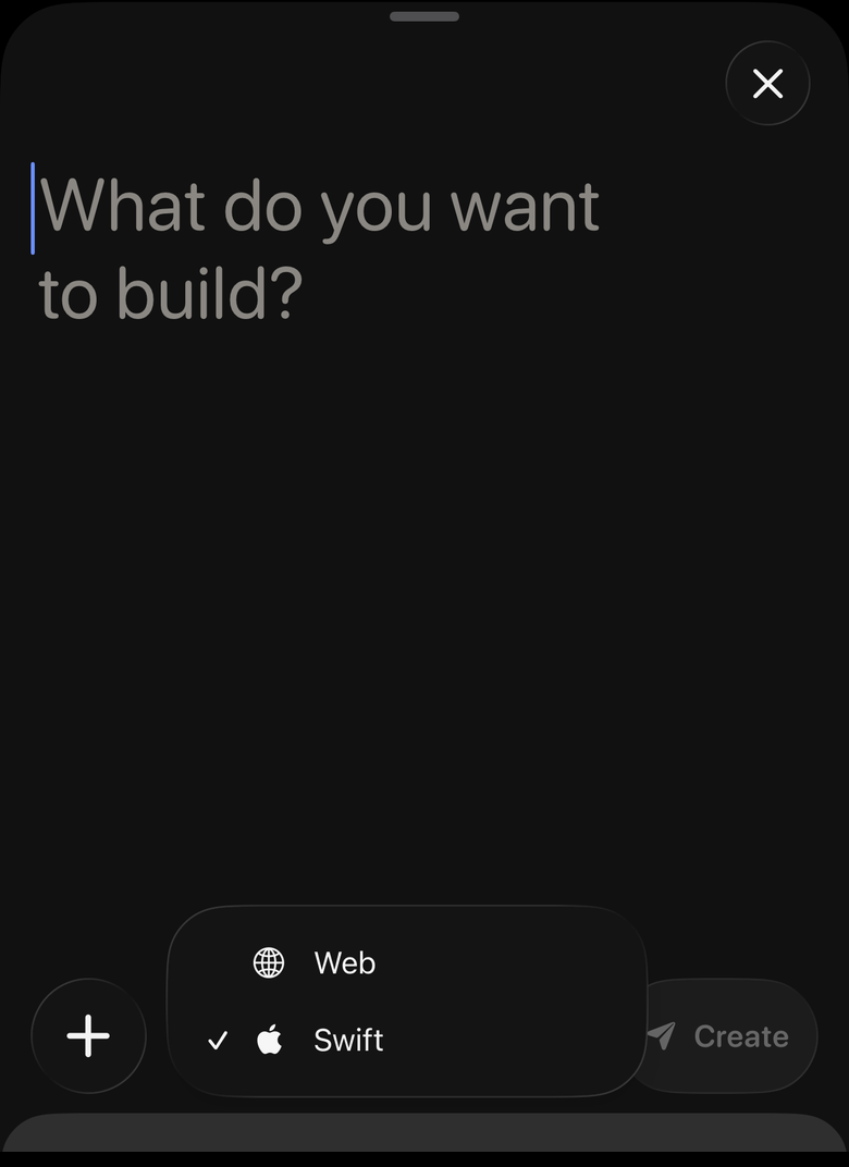 Create app sheet with Swift and Web platform options