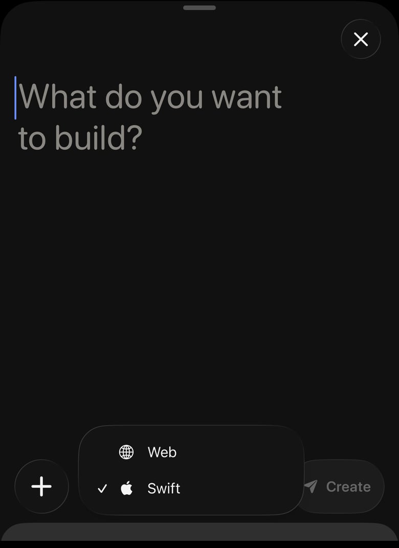 Create app sheet with Swift and Web platform options