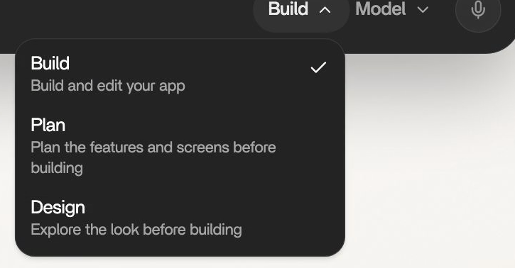 The Rork composer with the mode menu open. Three rows: Build, Build and edit your app. Plan, Plan the features and screens before building. Design, Explore the look before building.