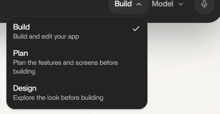 The Rork composer with the mode menu open. Three rows: Build, Build and edit your app. Plan, Plan the features and screens before building. Design, Explore the look before building.
