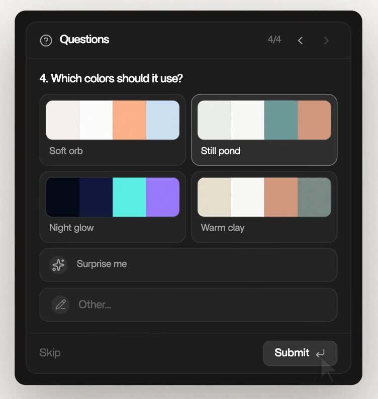 A Rork Questions card on question 4 of 4, Which colors should it use, with four palette tiles named Soft orb, Still pond, Night glow and Warm clay, then Surprise me, an Other field, Skip and Submit