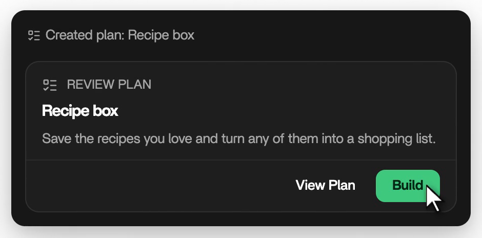 A Rork Review Plan card under the line Created plan: Recipe box, with the overview Save the recipes you love and turn any of them into a shopping list, and View Plan and Build buttons