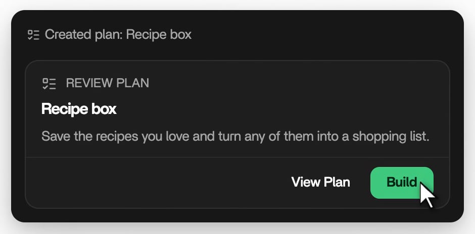 A Rork Review Plan card under the line Created plan: Recipe box, with the overview Save the recipes you love and turn any of them into a shopping list, and View Plan and Build buttons