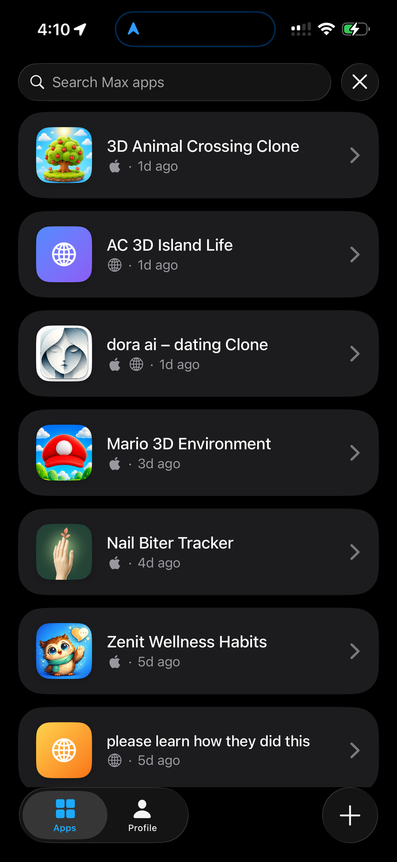 The Apps tab in the Rork Max app listing Swift and Web apps