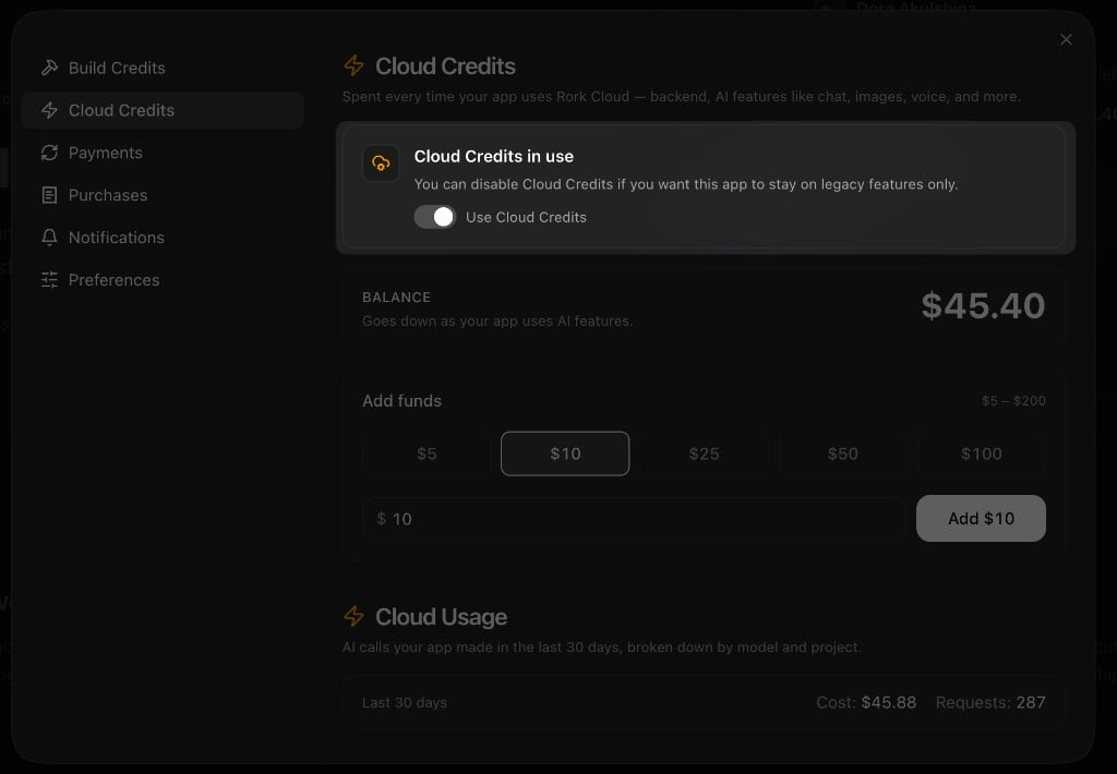 Rork Cloud Credits billing panel showing the Use Cloud Credits toggle, the dollar balance, the Add funds section with preset amounts, and recent cloud usage