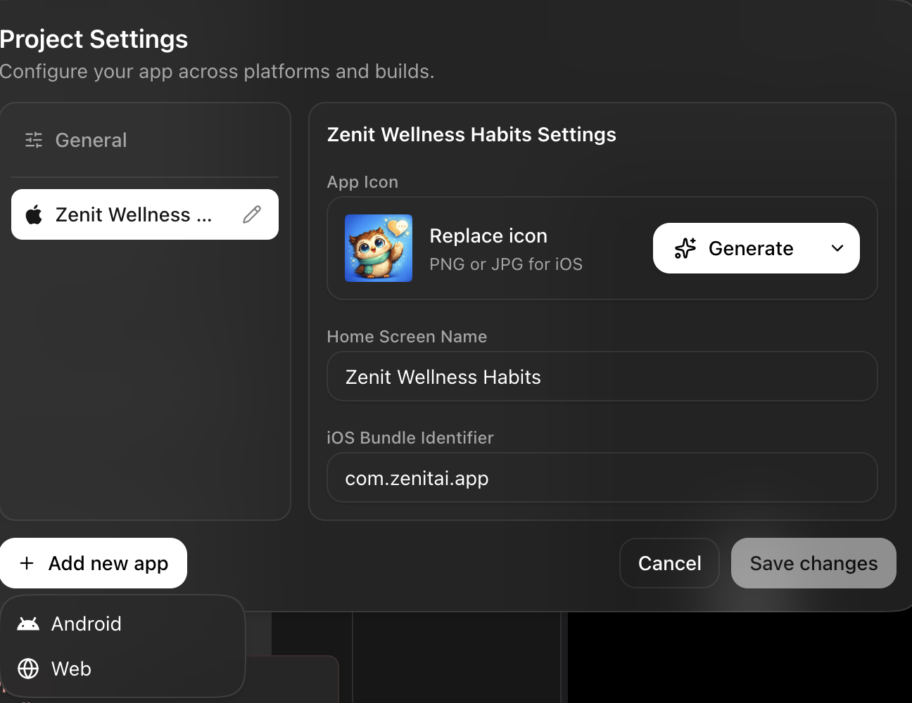 Project Settings for an iOS app, with the Add new app menu open showing Android and Web