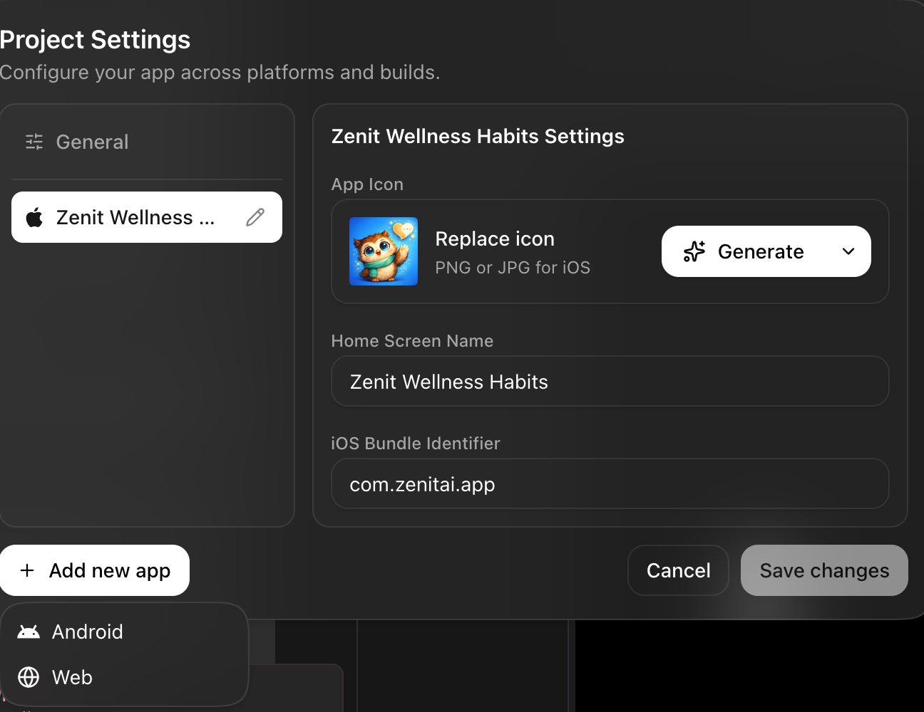 Project Settings for an iOS app, with the Add new app menu open showing Android and Web