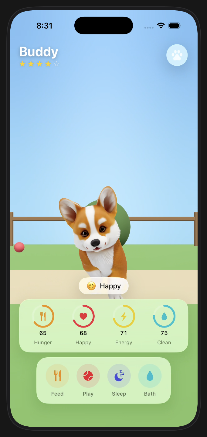 A native Swift app running in the Rork iOS simulator, with the Dynamic Island, four stat meters, and four action buttons