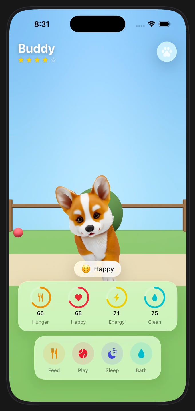 A native Swift app running in the Rork iOS simulator, with the Dynamic Island, four stat meters, and four action buttons