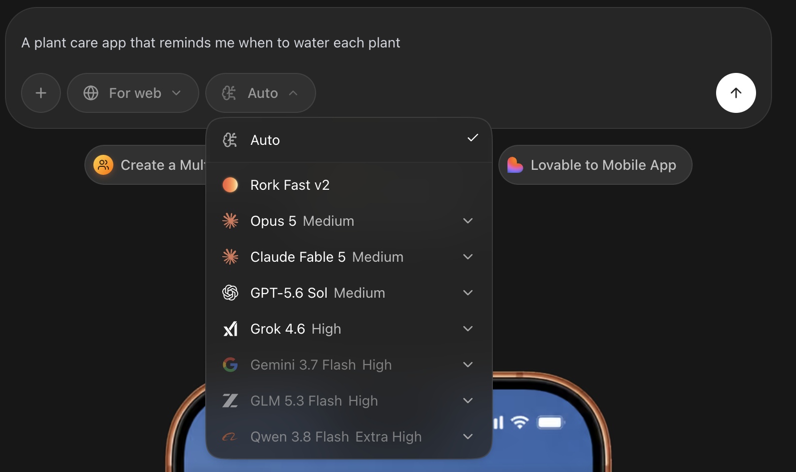 The Rork model menu open, with Auto selected and a list of named models below it