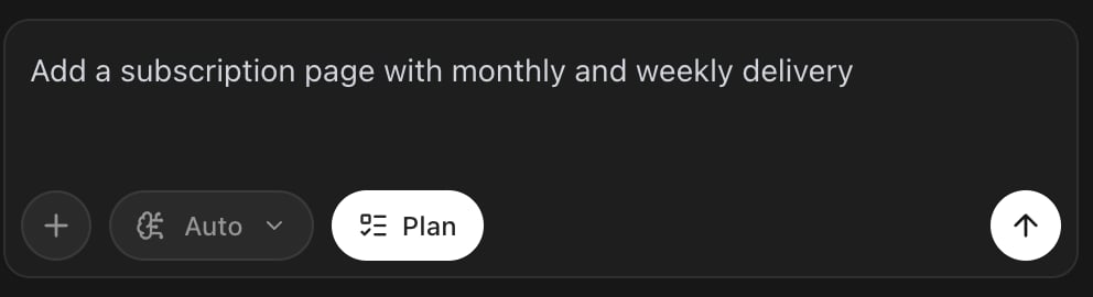 The Rork chat input with a prompt typed and the Plan button switched on