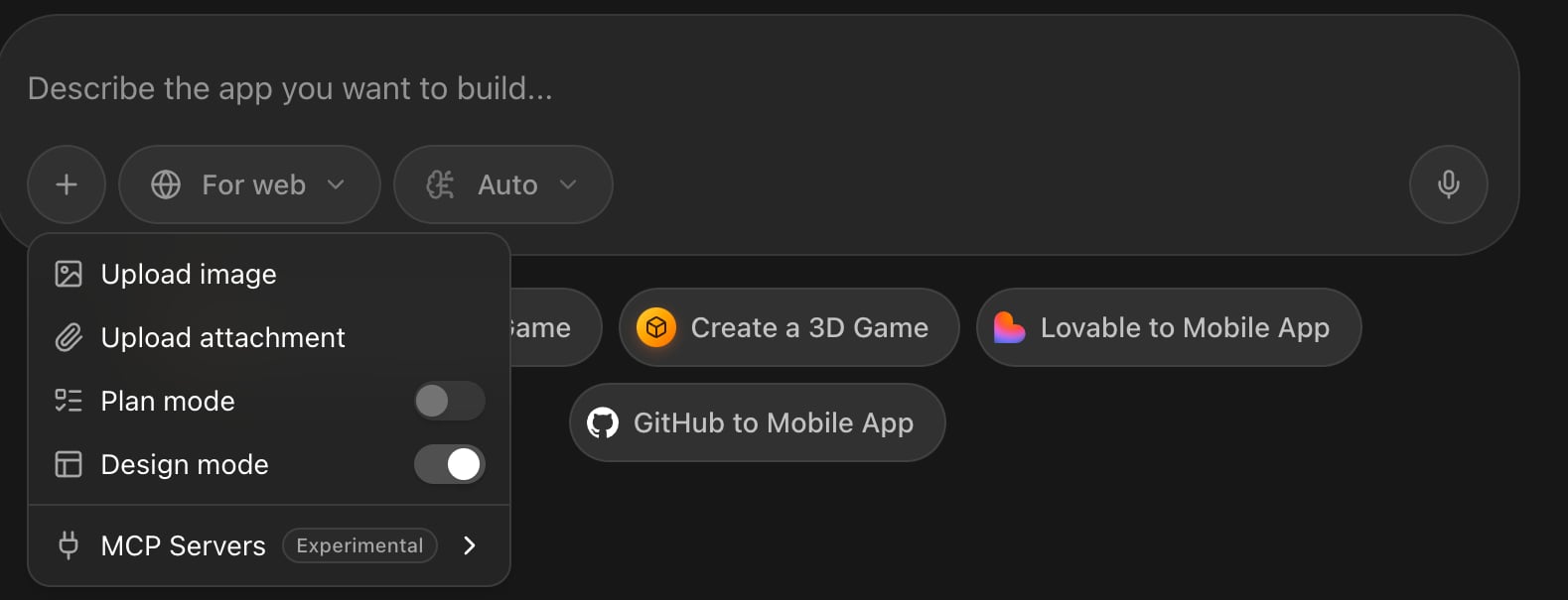 The Rork prompt box with the plus menu open, showing Upload image, Upload attachment, Plan mode, and Design mode switches