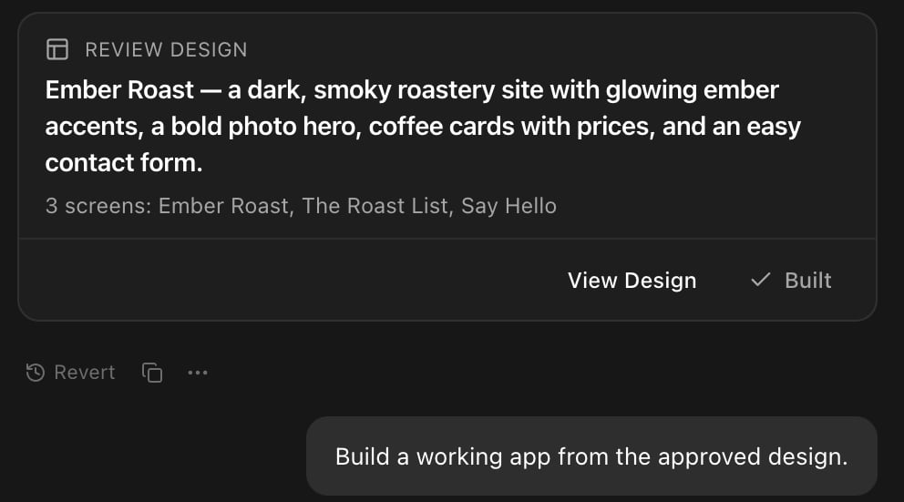 A Review Design card in the Rork chat listing three screens, with View Design and Built shown below it