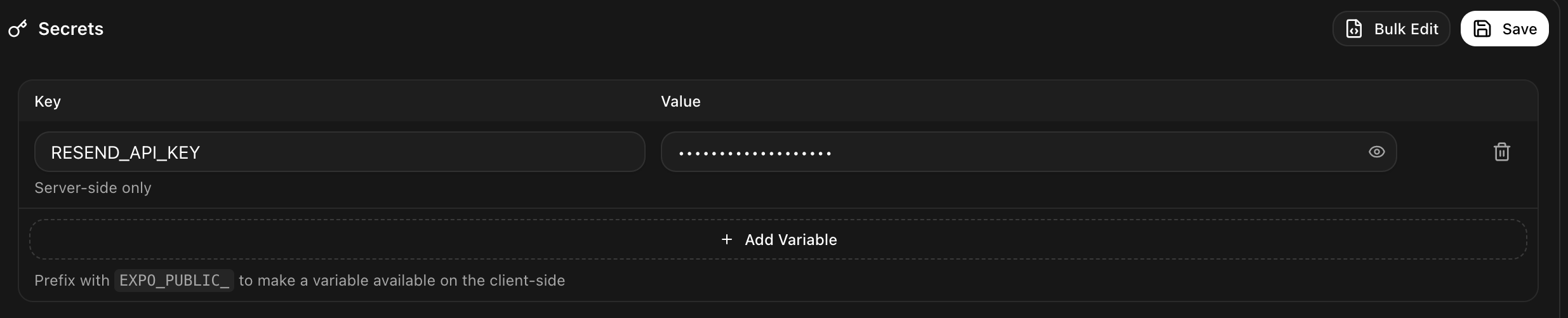 The Rork Secrets panel with a RESEND_API_KEY row, a hidden value, a Server-side only label, an Add Variable button, and Bulk Edit and Save buttons