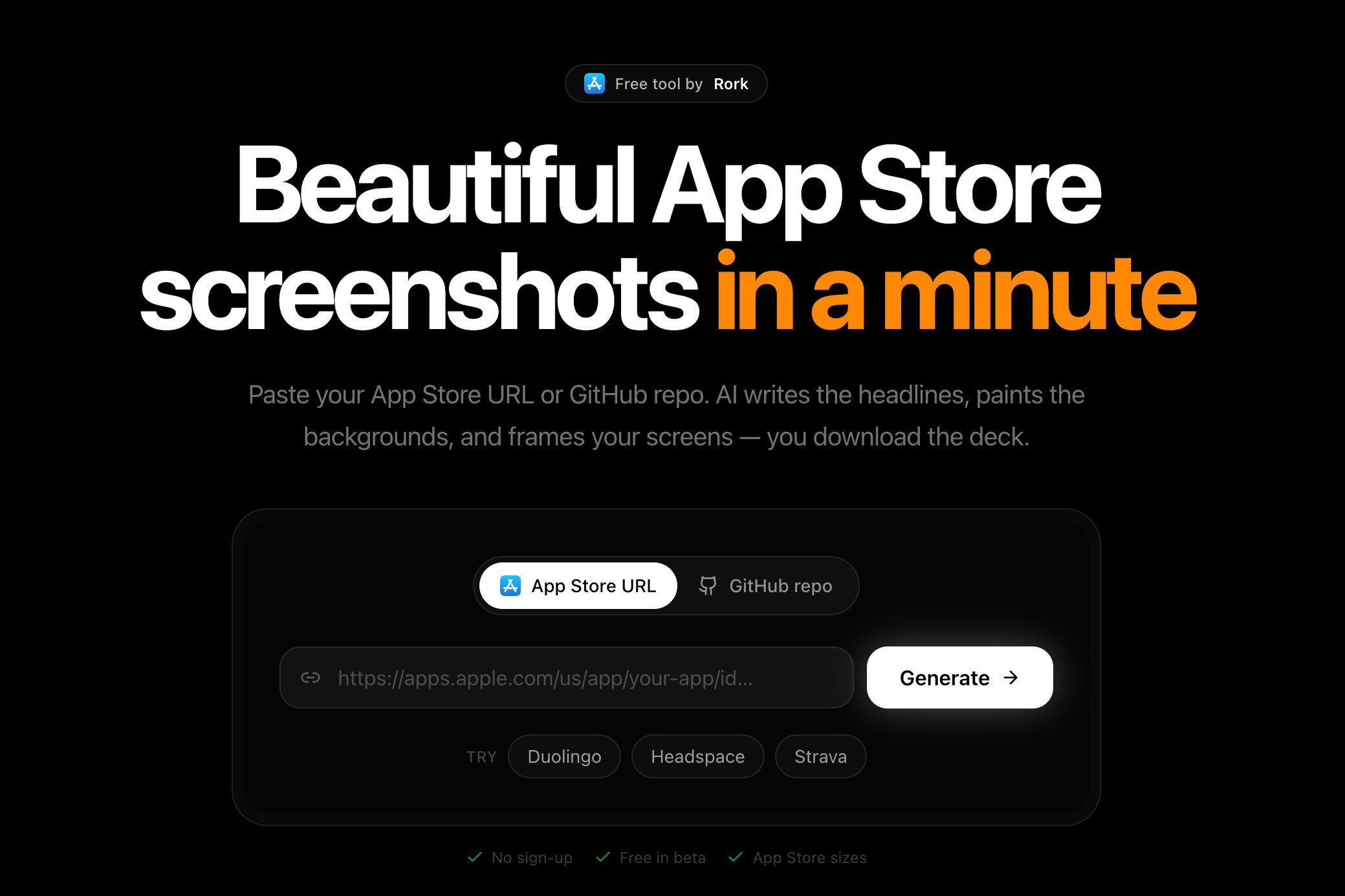 The Rork Screenshot Studio page with tabs for App Store URL and GitHub repo, an input field, and a Generate button