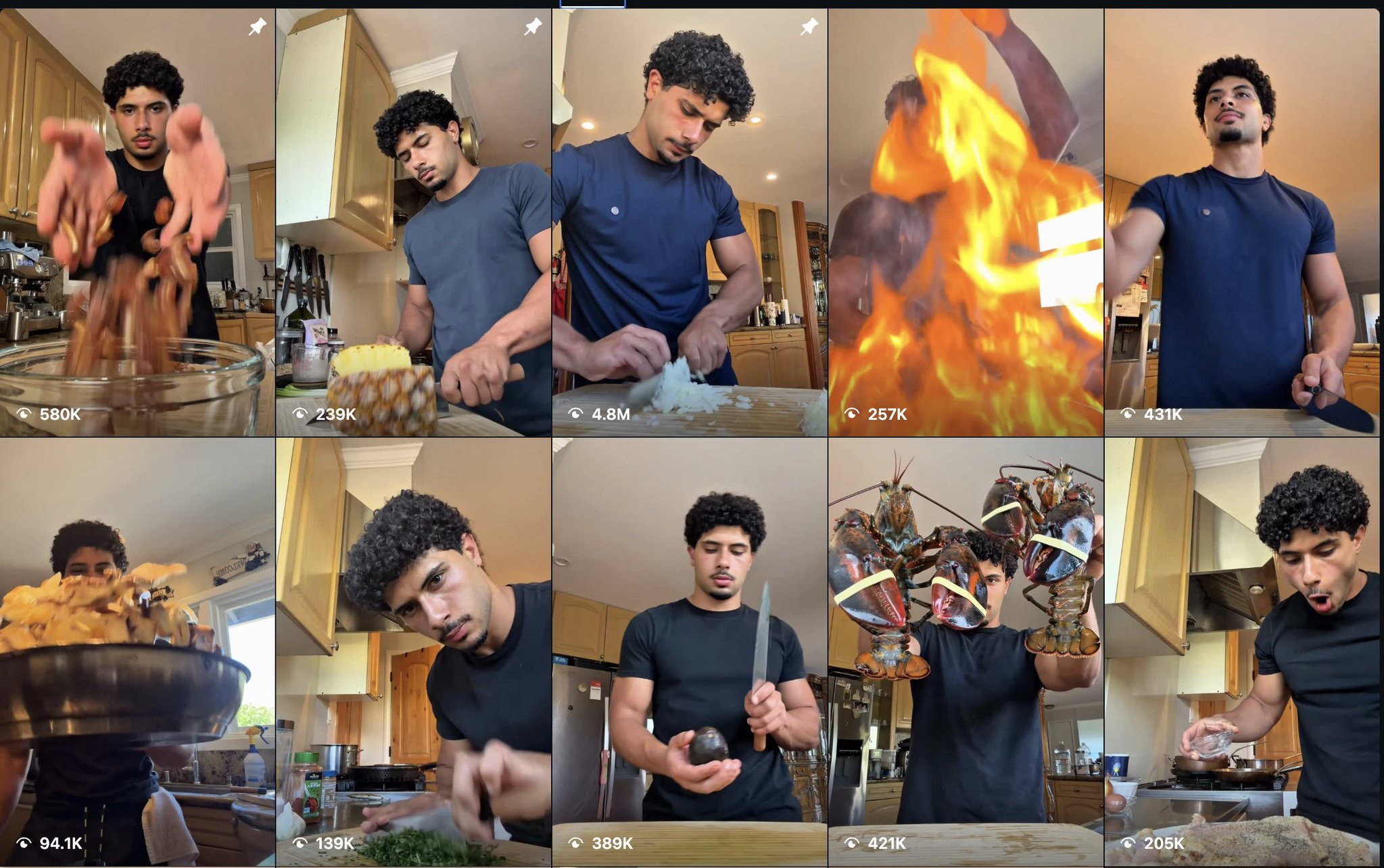 A cooking influencer's TikTok grid averaging 200-300k views, with a 4.8M-view banger