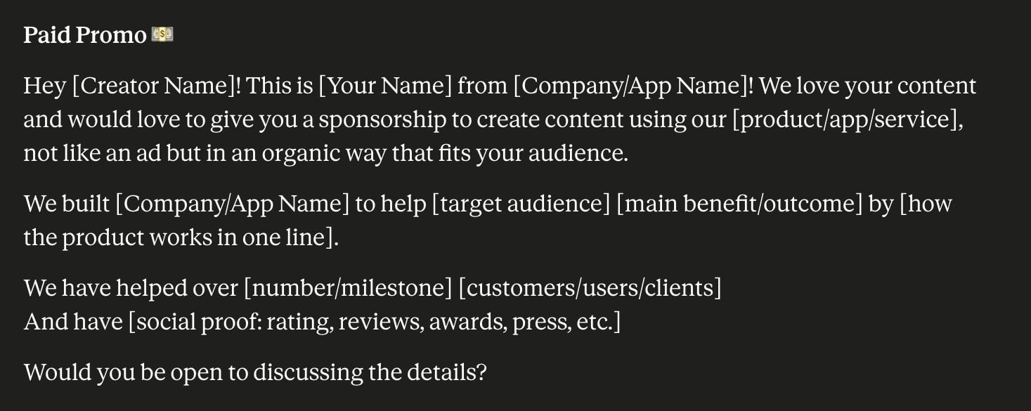 Paid Promo DM template for reaching out to influencers