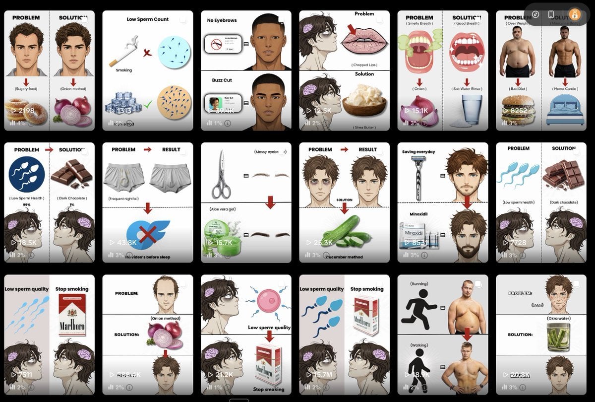 A grid of faceless looksmaxxing slideshow content