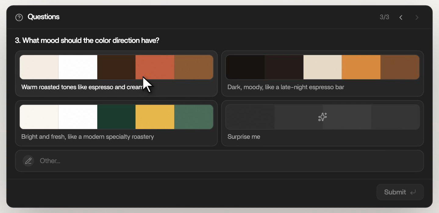 A Rork Questions card on question 3 of 3, What mood should the color direction have, with palette tiles named Warm roasted tones like espresso and cream, Dark moody like a late-night espresso bar, Bright and fresh like a modern specialty roastery, and Surprise me, then an Other field and Submit
