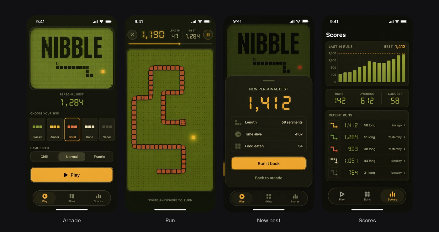 Four phone screens of a retro Snake game that Rork drew: Arcade, Run, New best and Scores, in green handheld style