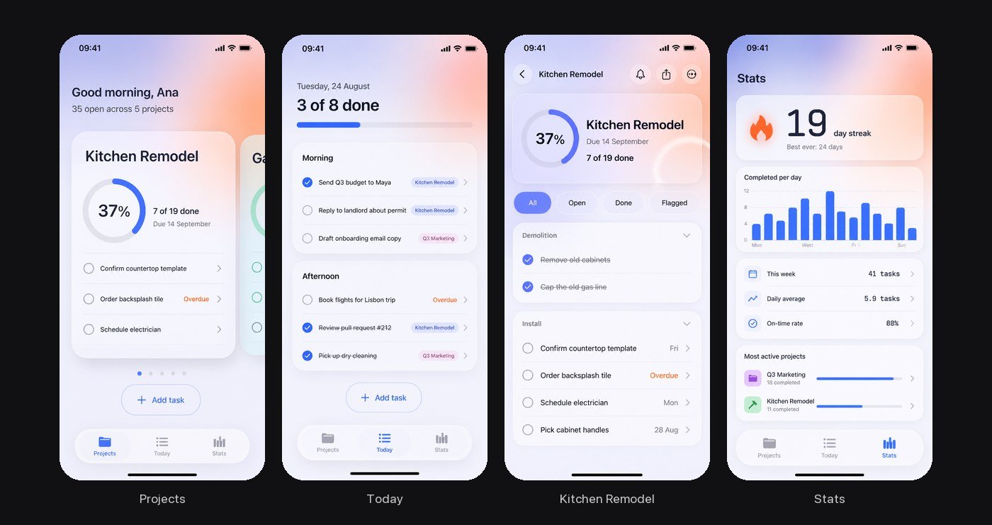 Four glassy phone screens of a task tracker that Rork drew: Projects, Today, a Kitchen Remodel project, and Stats