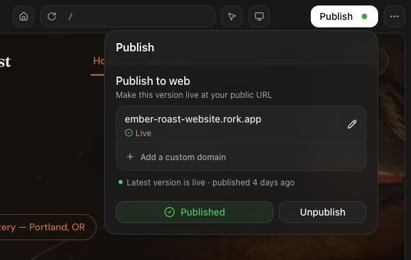 The publish panel showing the rork.app address with a Live status, an active Add a custom domain row, and Published and Unpublish buttons