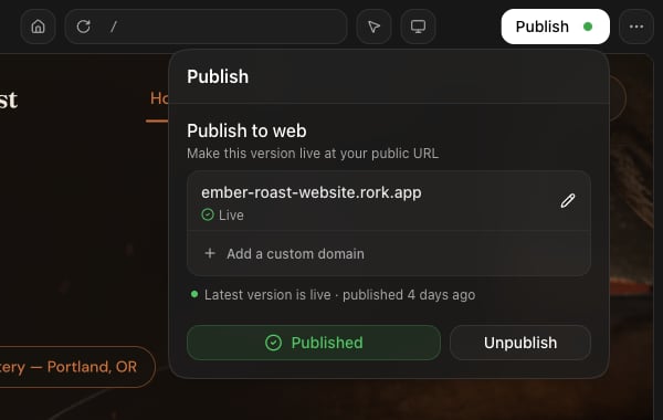 The publish panel showing the rork.app address with a Live status, an active Add a custom domain row, and Published and Unpublish buttons