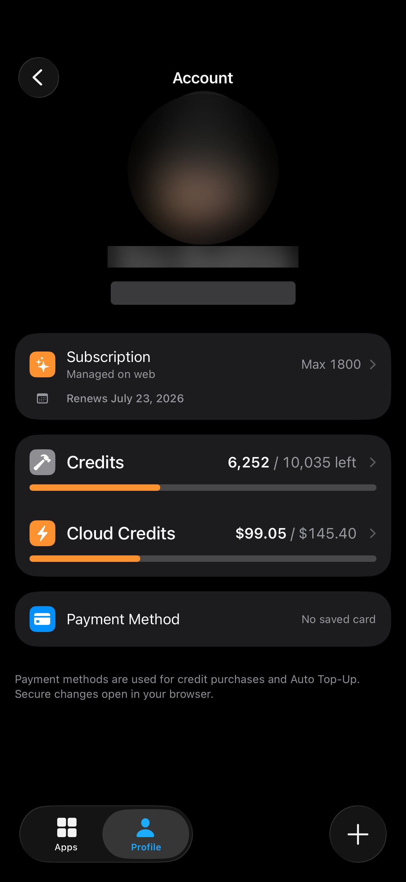 Account screen showing subscription, credits, cloud credits, and payment method