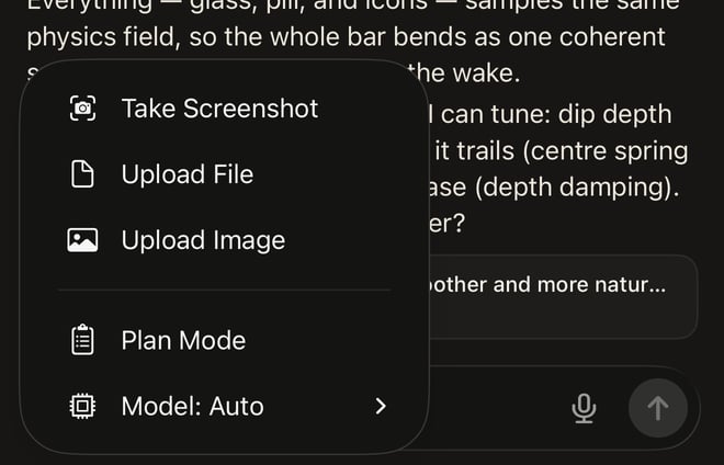 Chat plus menu with Take Screenshot, Upload File, Upload Image, Plan Mode, and model picker
