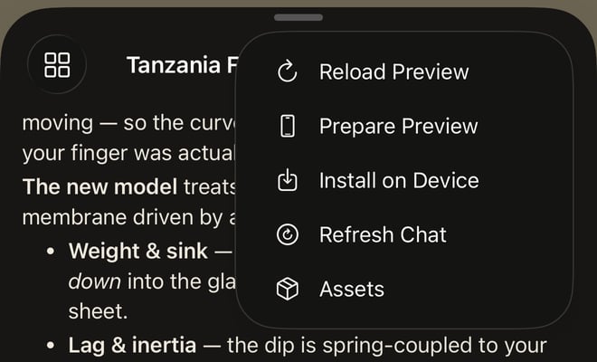 Project menu opened from the chat header with Reload Preview, Prepare Preview, Install on Device, Refresh Chat, and Assets