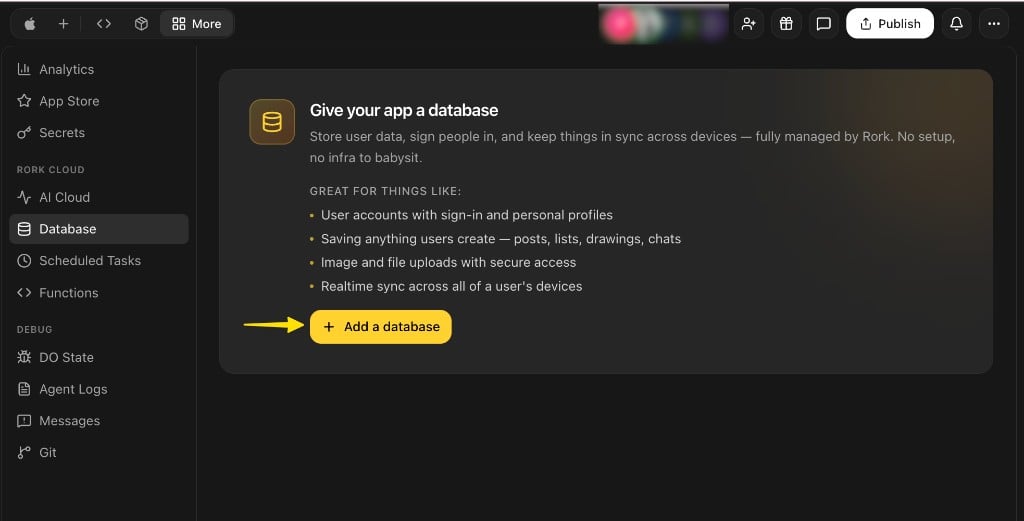The Database section under More with the Add a database button