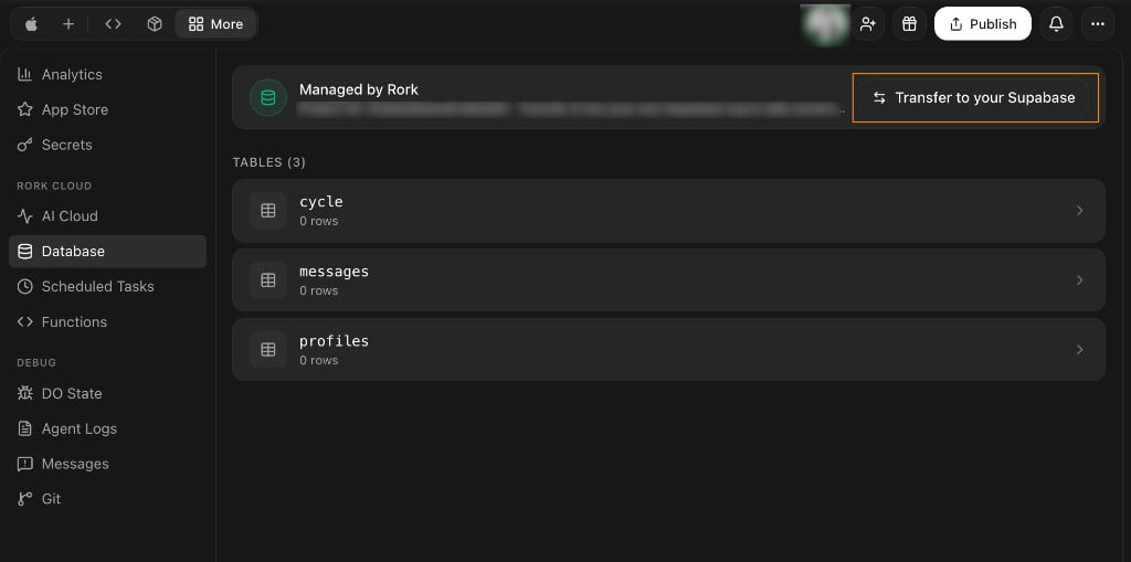 The Managed by Rork card in the Database tab with the Transfer to your Supabase button