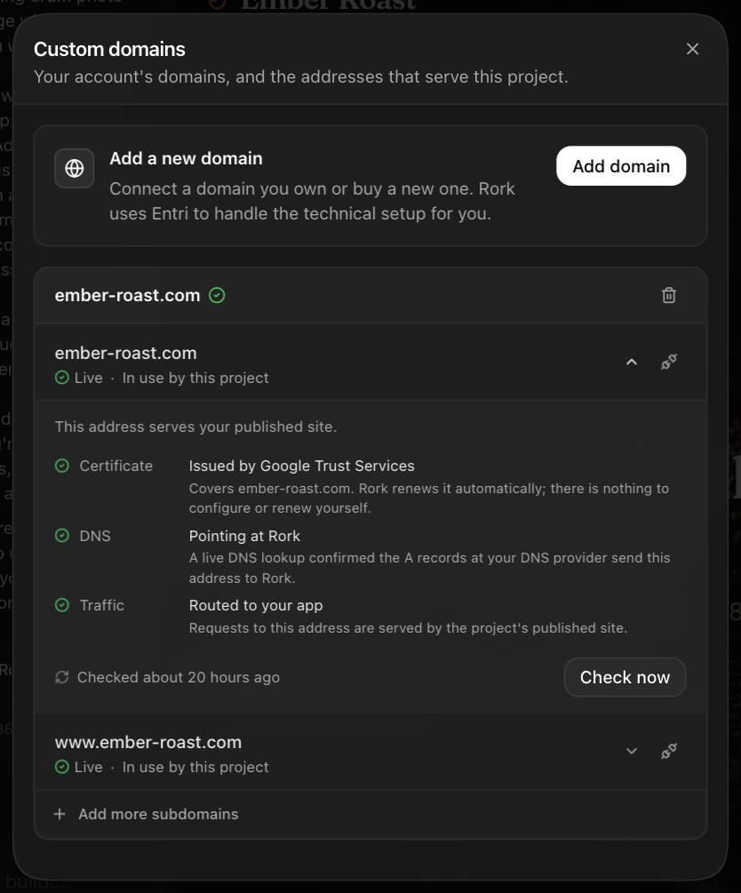 The Custom domains dialog with an Add a new domain card, a domain with two addresses marked Live and In use by this project, and the Setup and status panel showing Certificate, DNS, and Traffic checks