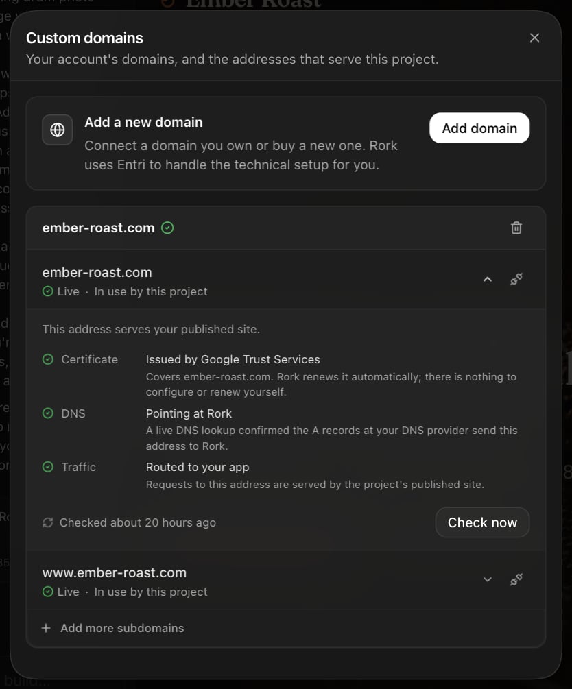 The Custom domains dialog with an Add a new domain card, a domain with two addresses marked Live and In use by this project, and the Setup and status panel showing Certificate, DNS, and Traffic checks