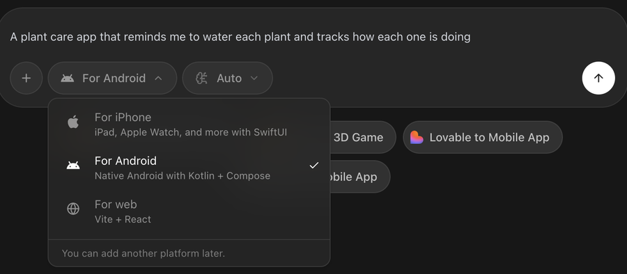 The Rork platform picker open, with For iPhone, For Android, and For web, and a note that you can add another platform later