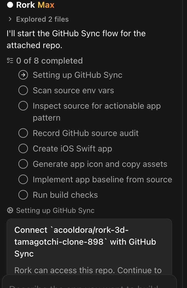 Rork working through the import: scanning source, creating the native app scaffold