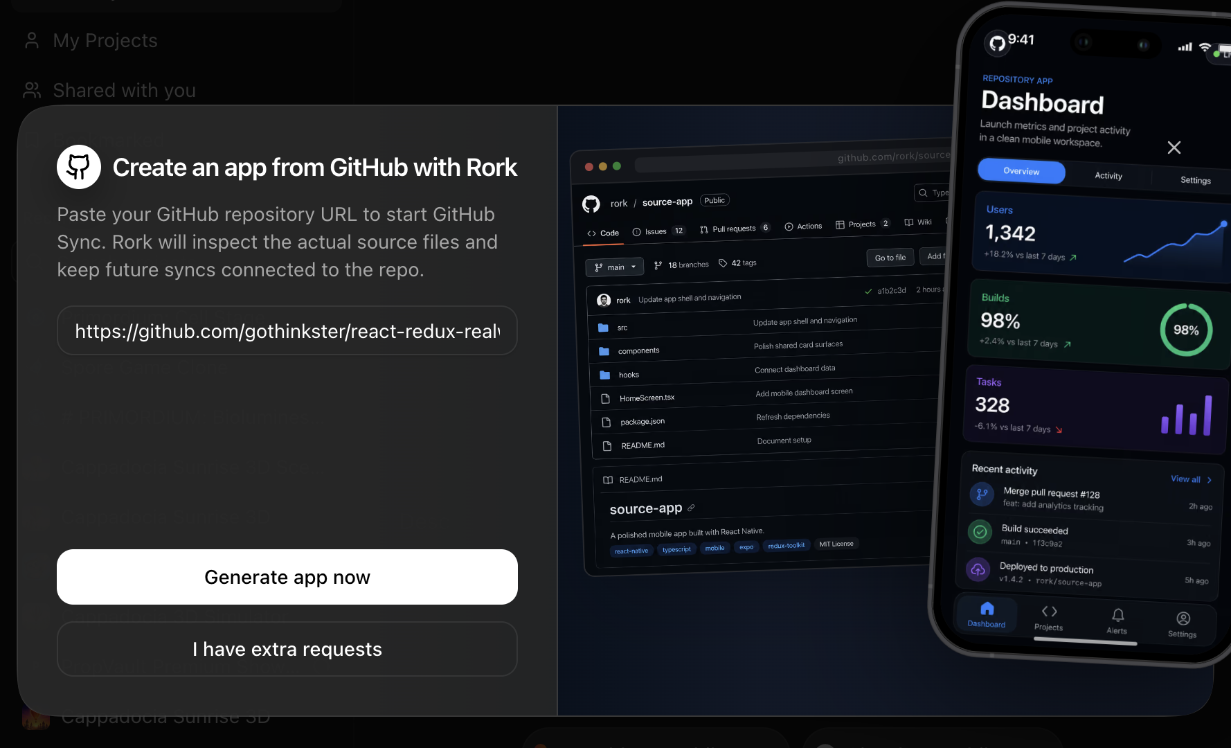 The GitHub import dialog on rork.com