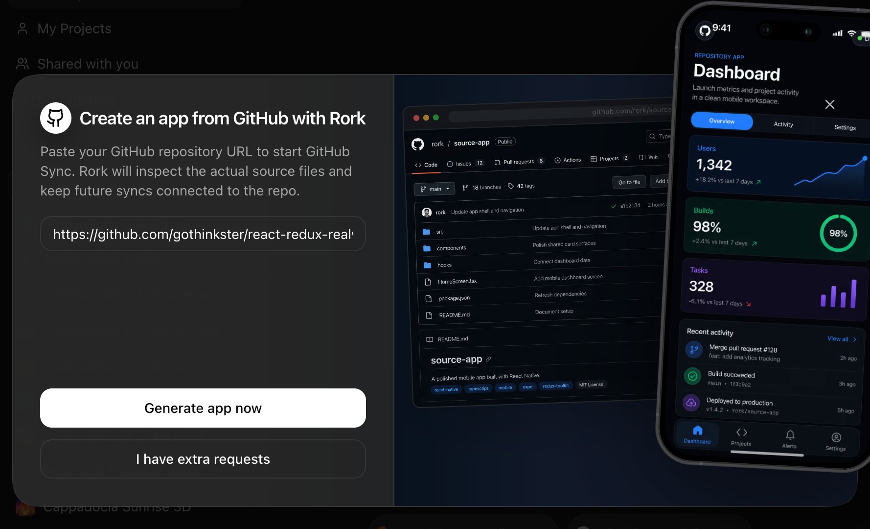 The GitHub import dialog on rork.com