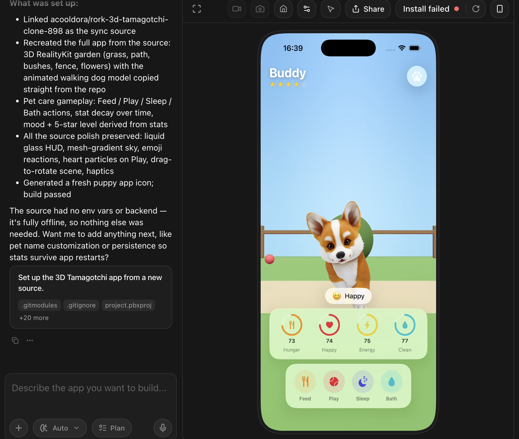 An app imported from GitHub running natively in the Rork simulator